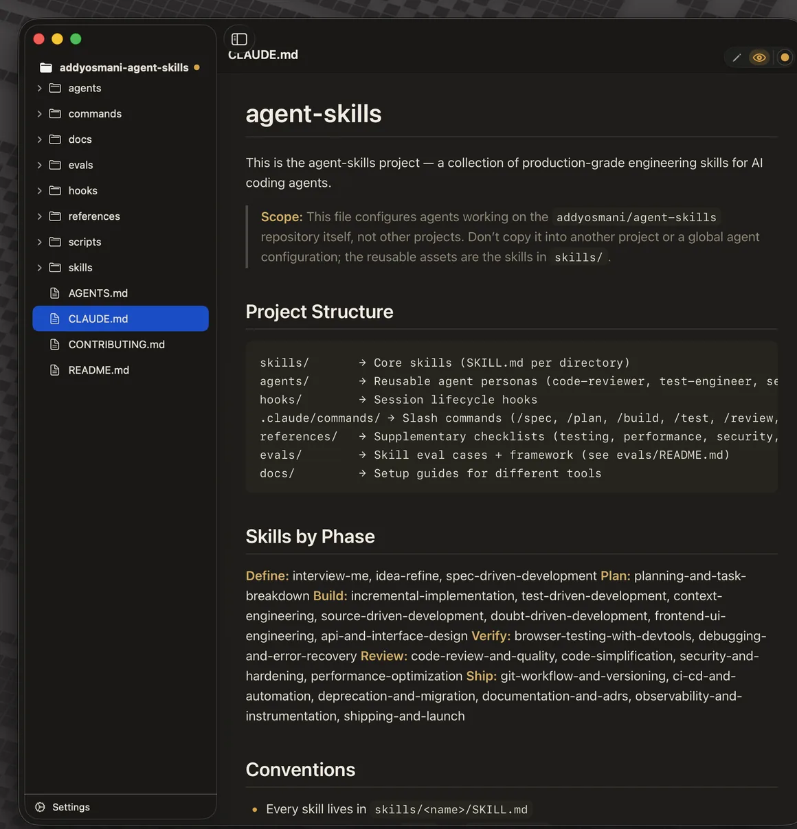 WorkMD in the Hard Hat Dark theme: a folder window with a file-tree sidebar listing a repository's folders and Markdown files, and a rendered preview of CLAUDE.md on a warm near-black background with amber headings. A Settings link is pinned at the bottom of the sidebar.