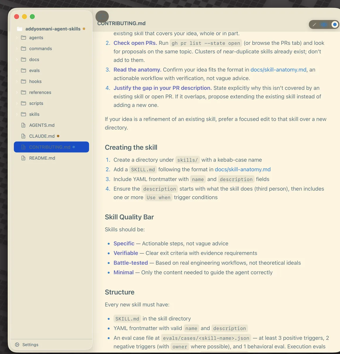 The same folder window in the Solar Parchment theme: cream background, blue links, the rendered preview of CONTRIBUTING.md beside the file tree. Small colored theme dots sit next to the filenames in the sidebar.