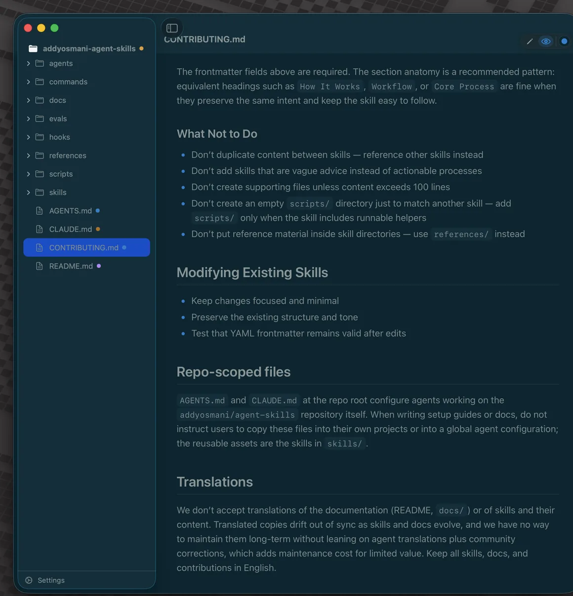 The same window in the Solar Deep theme: deep teal background with blue links, previewing CONTRIBUTING.md. Each file in the sidebar navigator carries a colored dot marking the theme that file remembers.