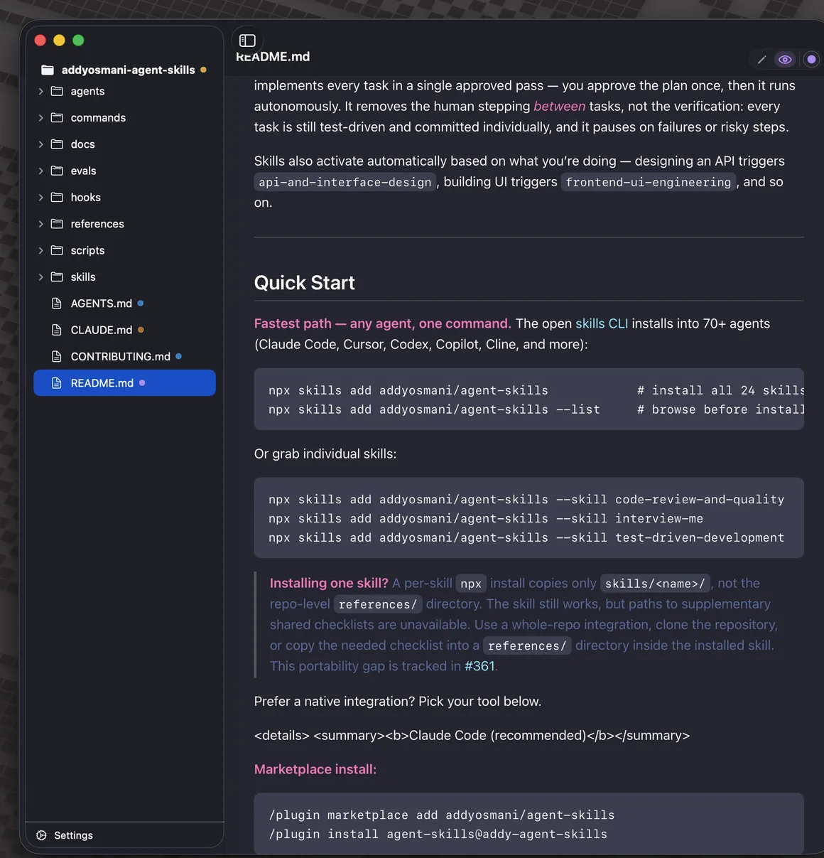 The same window in the Midnight Violet theme: dark indigo background with pink and purple accents, showing a README whose fenced code blocks are styled in the theme's palette. The compact editor-preview toggle sits at the top right of the content pane.