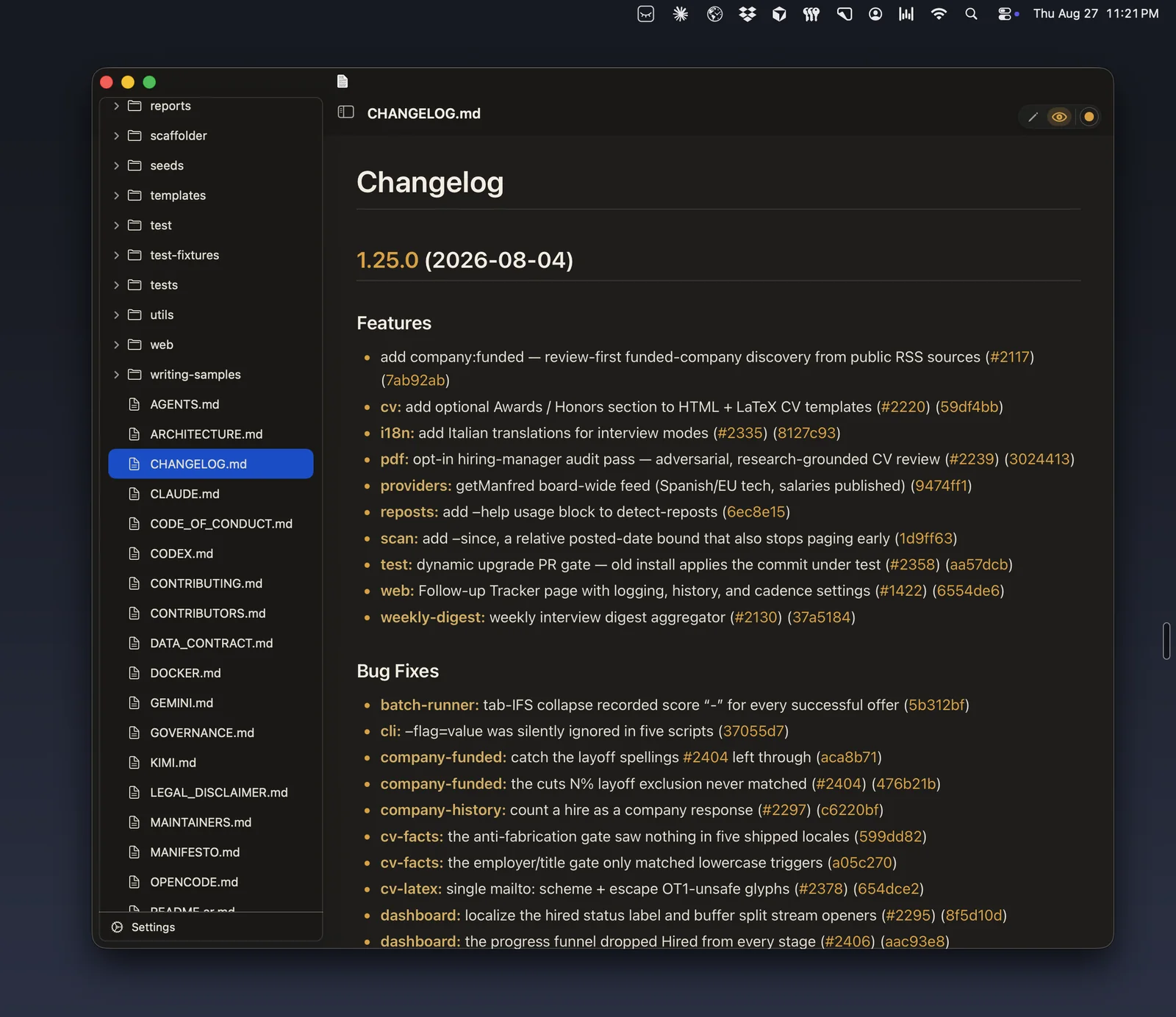WorkMD previewing a repository folder on a real desktop: a file-tree sidebar on the left, the rendered CHANGELOG.md on the right in a warm dark theme, with the macOS menu bar in frame along the top.