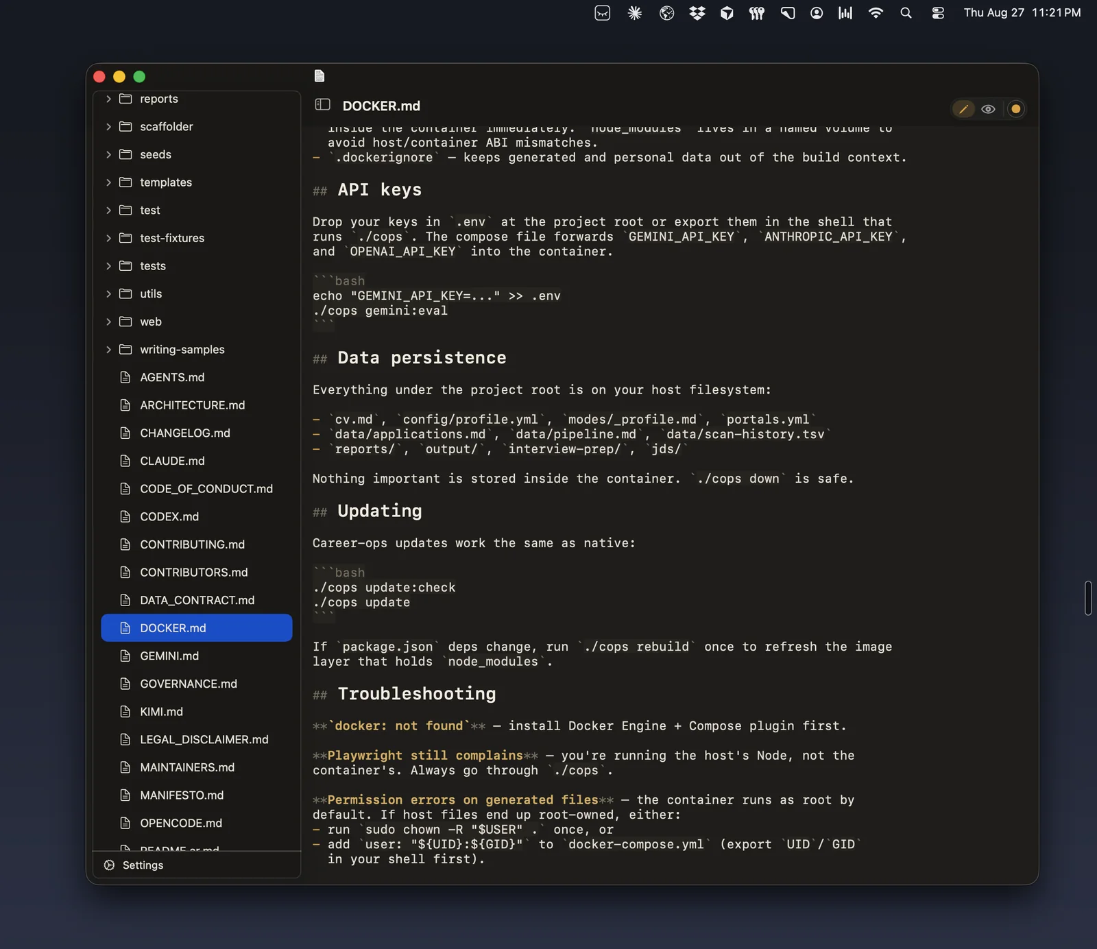 The same window in source view: raw Markdown with live syntax highlighting: headings, fenced code blocks and inline code tinted in the theme palette, with the file tree still on the left.