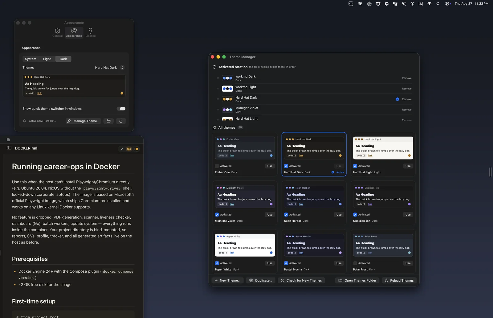 The WorkMD Theme Manager window: an activated-rotation list at the top, a grid of live theme previews below with one selected, beside the Appearance settings window and a themed document, on a dark desktop with the menu bar in frame.